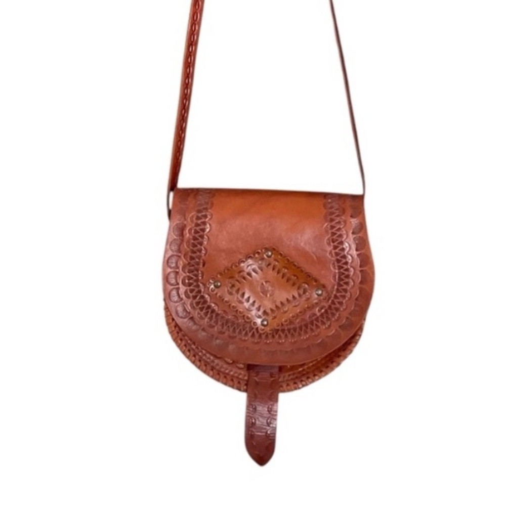 Vintage Boho Hand Crafted Hand Tooled Boho Leather Crossbody Bag Purse Brown